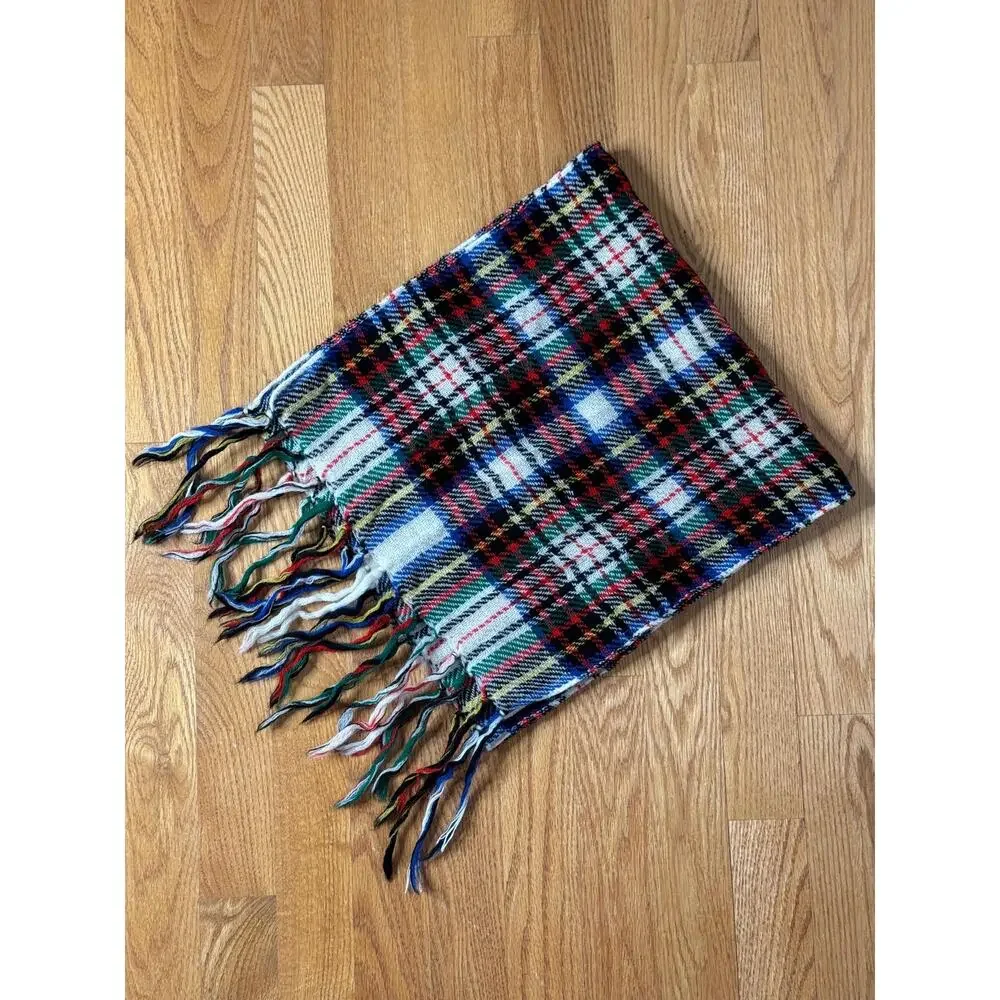 Vintage Plaid Scarf With Fringe, Primary Colors, Winter Scarf, Holiday